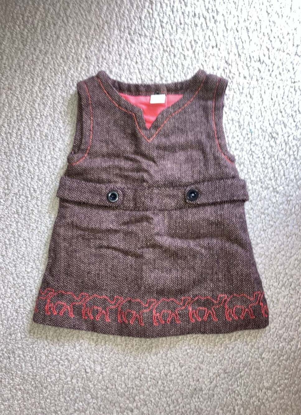 Egg Baby Girls Brown Herringbone Wool Blend Jumper Dress w/ Embroidered Animals